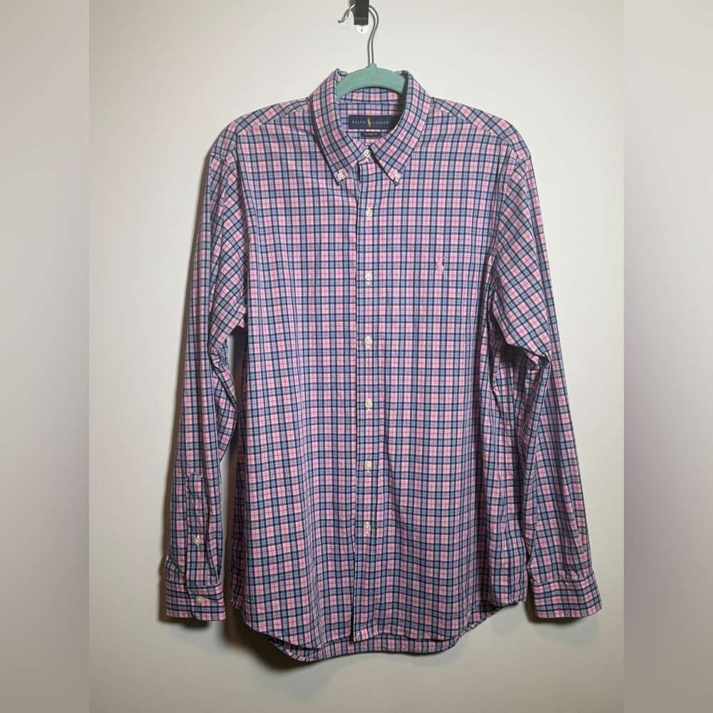 Ralph Lauren Stretch Poplin Shirt Men's Large | Pink Blue Plaid Classic Fit